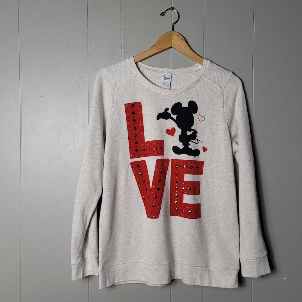 DISNEY STORE MICKEY MOUSE LOVE EMBELLISHED SPELLOUT SWEATSHIRT WOMENS SIZE XL